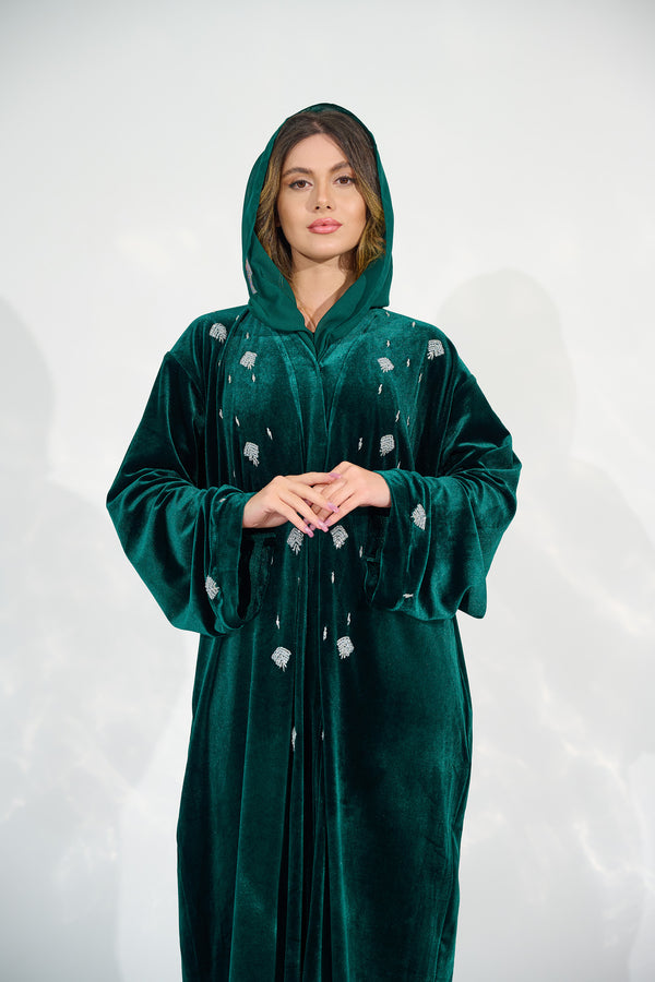 JOHARA VELVET EMBELLISHED ABAYA - EMERALD GREEN