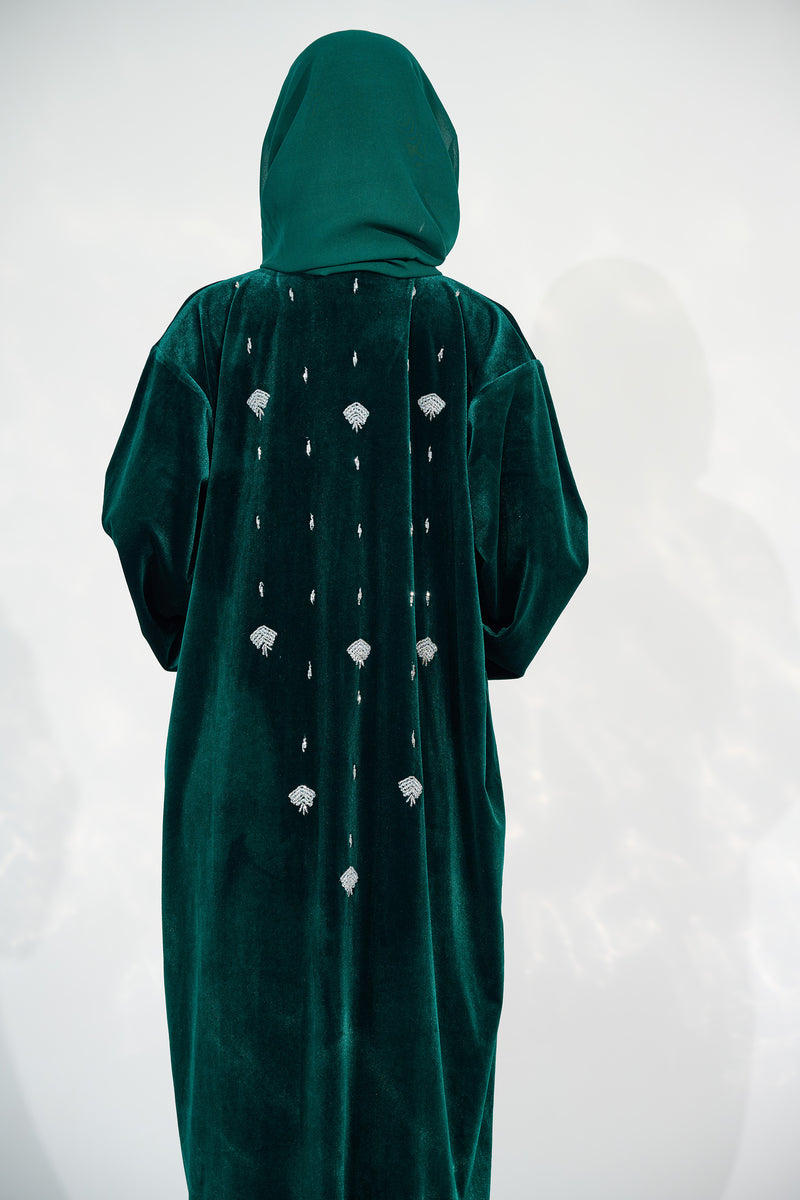 JOHARA VELVET EMBELLISHED ABAYA - EMERALD GREEN