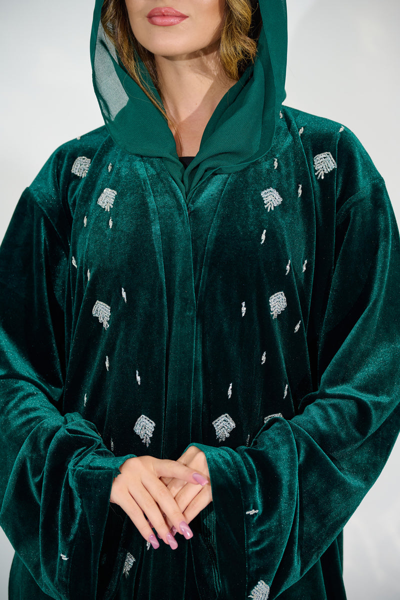 JOHARA VELVET EMBELLISHED ABAYA - EMERALD GREEN