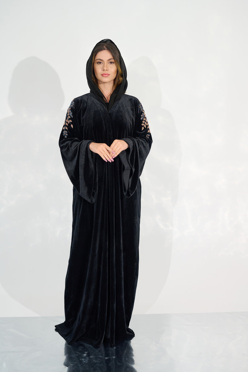 JOHARA VELVET EMBELLISHED ABAYA - BLACK