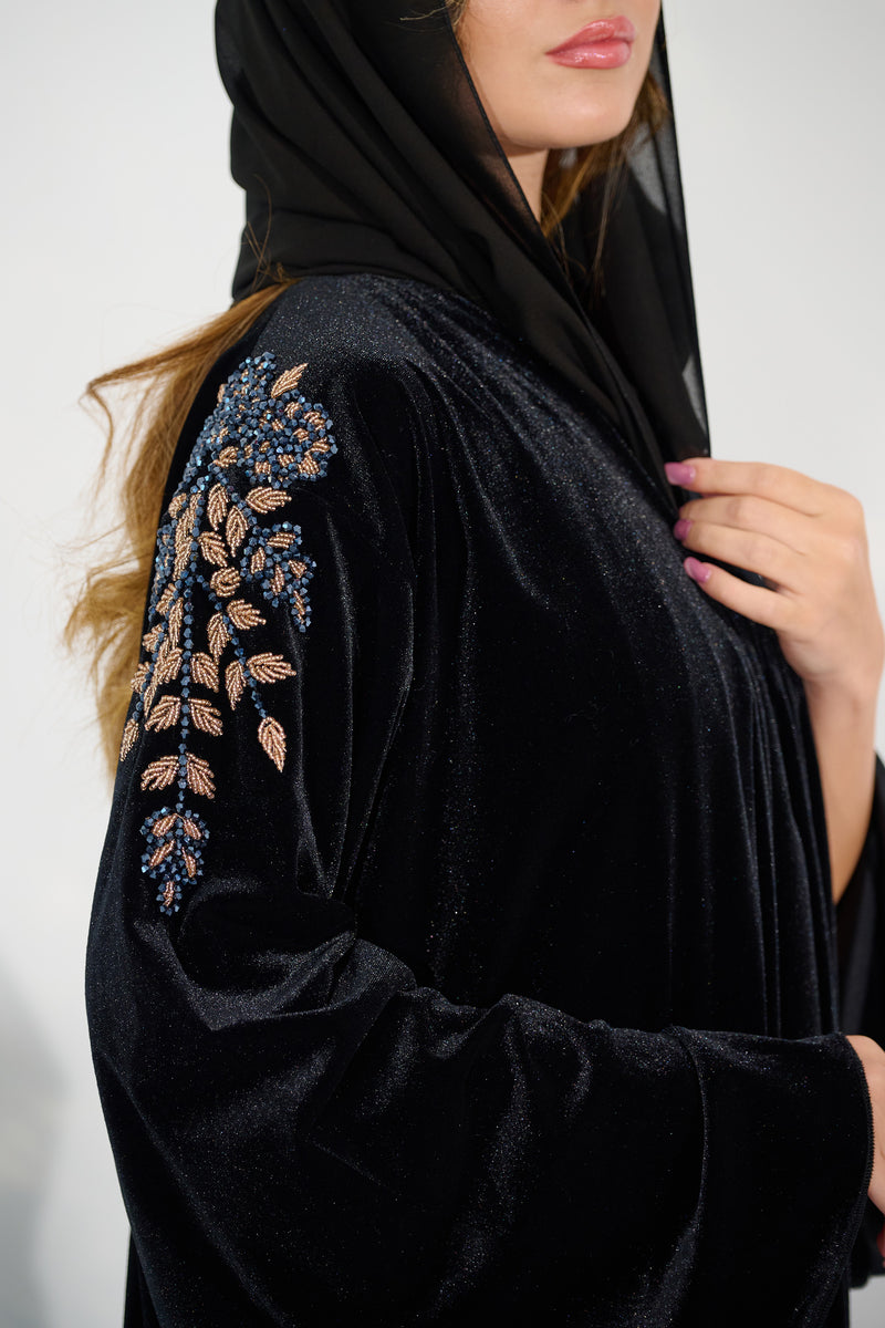 JOHARA VELVET EMBELLISHED ABAYA - BLACK