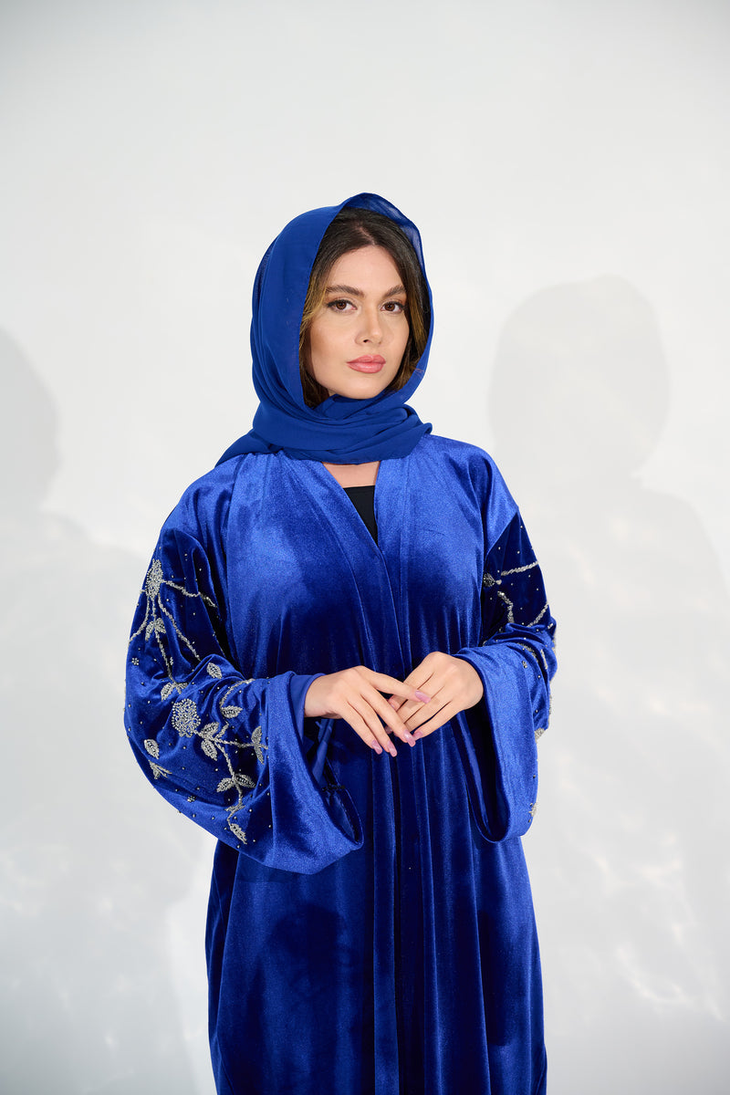 JOHARA VELVET EMBELLISHED ABAYA - SAPPHIRE BLUE