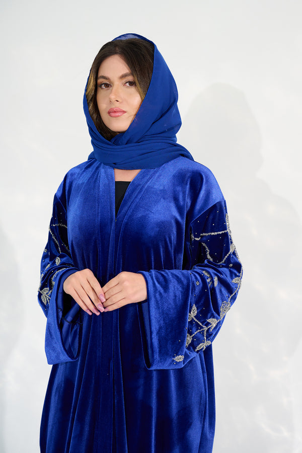 JOHARA VELVET EMBELLISHED ABAYA - SAPPHIRE BLUE