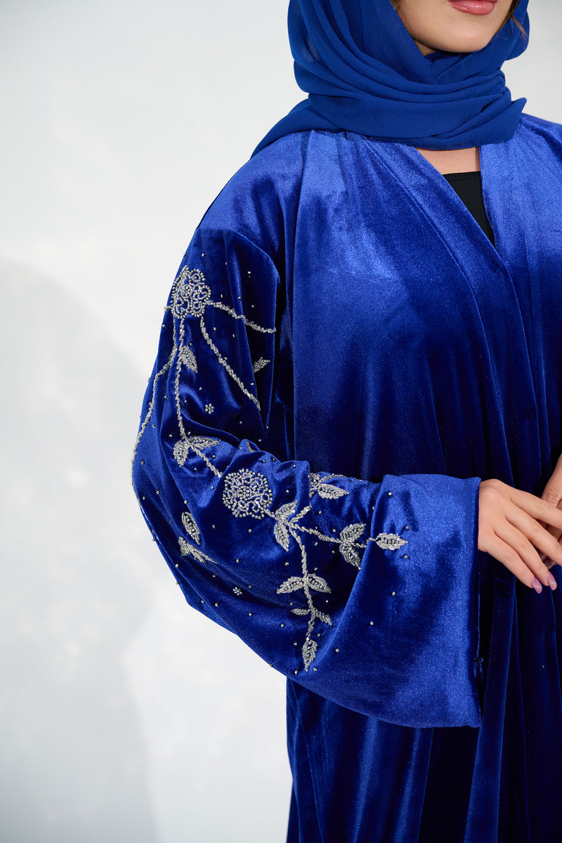 JOHARA VELVET EMBELLISHED ABAYA - SAPPHIRE BLUE