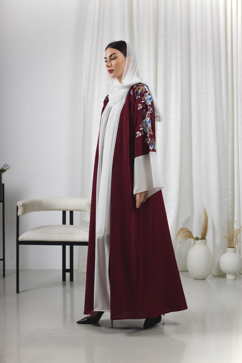 Maroon Embriodered Two Piece Abaya