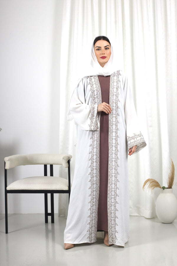 White Embroidered Open Three-Piece Abaya
