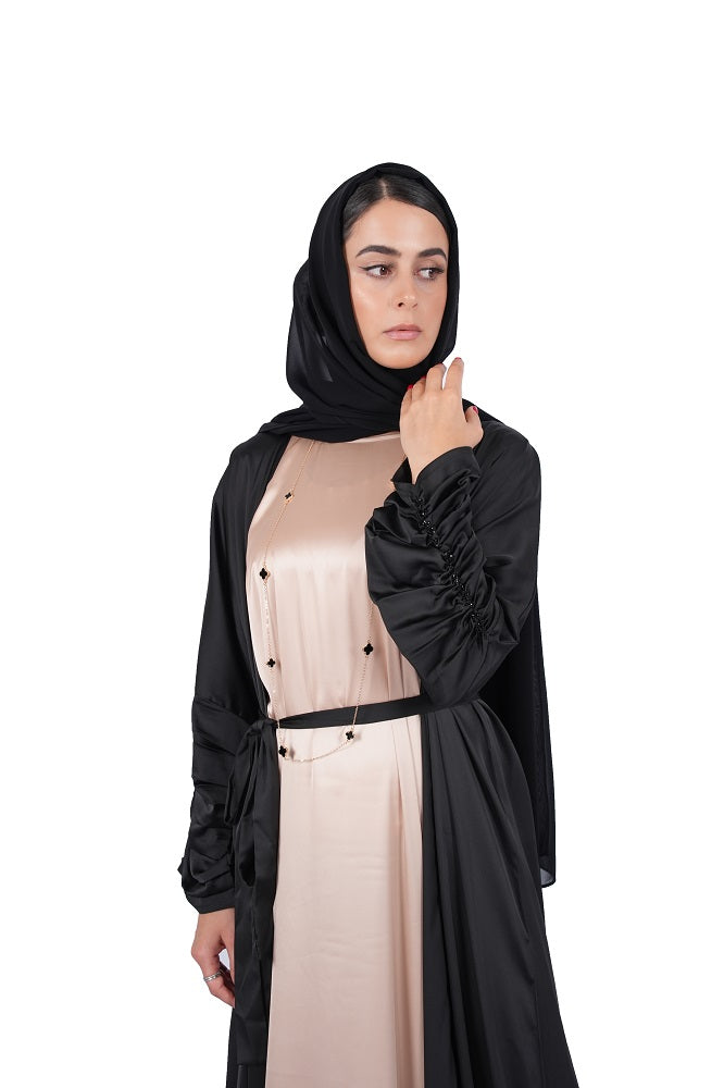 Silk Abaya with Ruched Sleeves